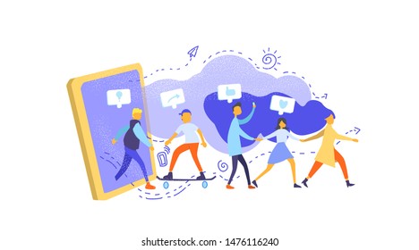 Concept of referral marketing, Refer A Friend loyalty program, promotion method. Group of people or customers holding hands and walking out of giant smartphone. Modern flat vector illustration.