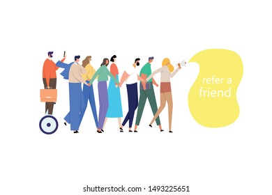 Concept of referral marketing, Refer A Friend loyalty program, promotion method. group of people joined hands and goes after a girl who says something through a megaphone. Modern flat vector illustrat