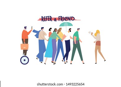 Concept of referral marketing, Refer A Friend loyalty program, promotion method. group of people joined hands and goes after a girl who says something through a megaphone. Modern flat vector illustrat