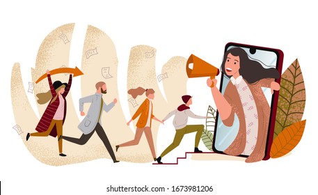 Concept of referral marketing, Refer A Friend loyalty program, promotion method. Пroup of people or customers holding hands and run to giant smartphone with speaker. Modern flat vector illustration.