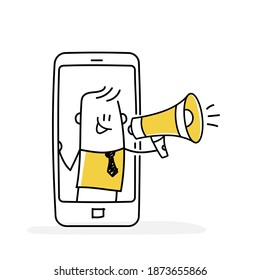 Concept of referral marketing, refer a friend loyalty program. Stickman from smartphone shout on megaphone. Vector illustration.