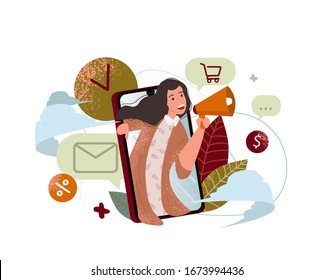 Concept of referral marketing. Woman shout in megaphone. Refer a friend promotion method. Can use for social media, landing page, template, ui, web, digital business. Modern flat vector illustration.