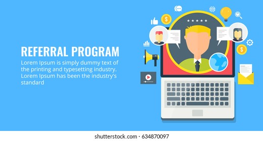 Concept For Referral Program, Business Partnership, Affiliate Marketing Flat Vector Banner With Icons