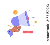 Concept of referral program, refer a friend service, sharing bonus with friends. Sign with holding hand in loyalty program earning gifts and money. Vector illustration in flat design for web banner