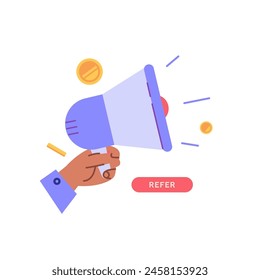 Concept of referral program, refer a friend service, sharing bonus with friends. Sign with holding hand in loyalty program earning gifts and money. Vector illustration in flat design for web banner