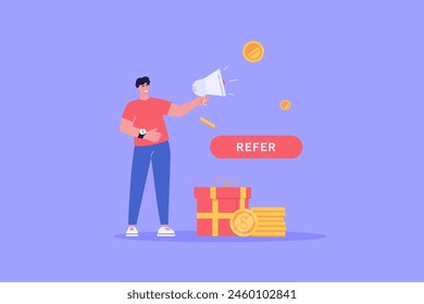 Concept of referral program, refer a friend service, sharing bonus with friends. People in loyalty marketing program earning gifts and money. Vector illustration in flat design for web banner, UI