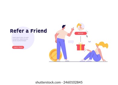 Concept of referral program, refer a friend service, sharing bonus with friends. People in loyalty marketing program earning gifts and money. Vector illustration in flat design for web banner, UI