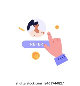 Concepto de programa de Recomendación, referir un servicio de amigos, compartir bonificación con amigos. Firme con la mano en el programa de lealtad ganando regalos y dinero. Ilustración vectorial en diseño plano para Anuncio de Web UI