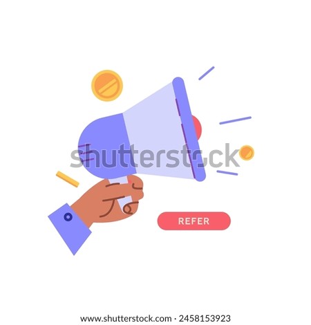 Concept of referral program, refer a friend service, sharing bonus with friends. Sign with holding hand in loyalty program earning gifts and money. Vector illustration in flat design for web banner