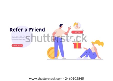 Concept of referral program, refer a friend service, sharing bonus with friends. People in loyalty marketing program earning gifts and money. Vector illustration in flat design for web banner, UI