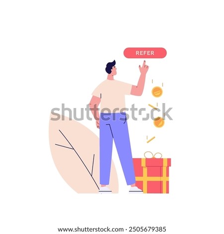 Concept of referral program, refer a friend service, sharing bonus with friends. People in loyalty marketing program earning gifts and money. Vector illustration in flat design for web banner, UI