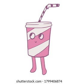 Concept of a refreshing fizzy soda drink character in stripped cup with straw  hand drawn style and cutehappy  face and legs. Stock vector illustration isolated on white.