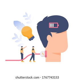 the concept of refreshment, recharge, need energy. illustration of a team trying to charge energy or power into a large head for easy thinking. flat design. can be used for elements, landing pages, UI
