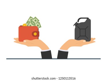 The concept of refueling the car, Payment for fuel. Fuel pump in hand man in exchange for money. Holding fuel nozzle. Vector illustration.