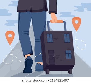 Concept of refugee. Man walks with old and dirty suitcase. Immigration and escape from dangerous places and countries. Character leaves home and home country. Cartoon flat vector illustration