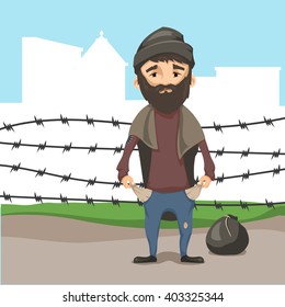 Concept of refugee. Refugees near the border fence of barbed wire on the background of the city in the distance. Refugee man Vector cartoon illustration