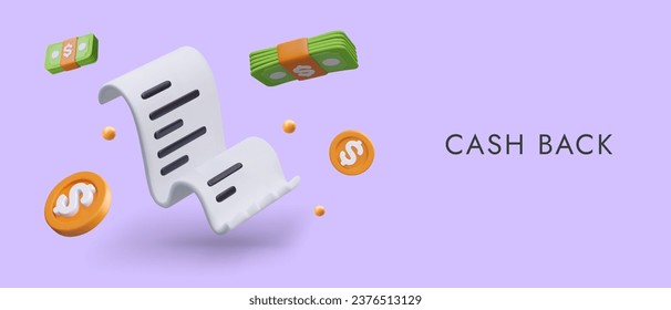 Concept of refund, cashback. Accrual of bonuses for purchases. Banner with 3D vector elements on purple background. Announcement of promotion in store. Space for advertising text