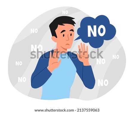 Concept of refusal. Man holds out his hands and says no, character denies facts. Dispute and disagreement. Graphic poster or banner for website, failed negotiations. Cartoon flat vector illustration