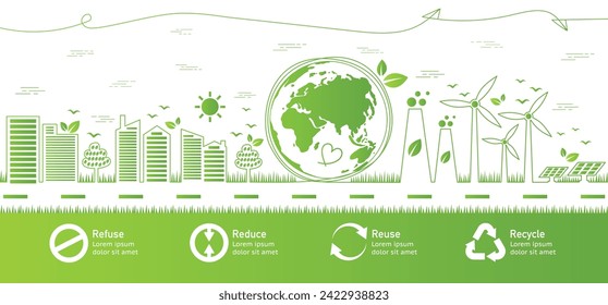 The Concept of Refuse, Reduce, Reuse, Recycle with Icons Symbol for Ecology, Ecological Waste Management. Environment Template Infographic Doodle Isolate Flate Design on Vector eco city. 