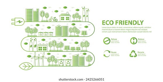 The Concept of Refuse, Reduce, Reuse, Recycle with Icons Symbol for Ecology, Ecological Waste Management. Environment Template Infographic Doodle Isolate Flate Design on Vector eco city.