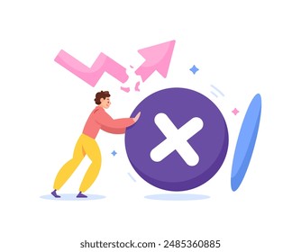 the concept of refusing to fail and lose. never give up. efforts to avoid failure. reject failure. illustration of a man pushing a cross symbol towards a hole. flat style design. graphic elements