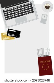 The concept of registration of air tickets and travel. Desktop top view with laptop credit cards, passport and air tickets. Vector flat illustration