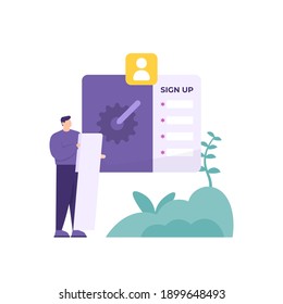 a concept of registration, listing, joining. illustration of a man writing his identity on a website sign up page. enter personal biodata. flat style. vector design element