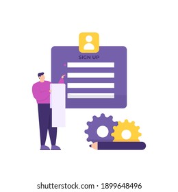 a concept of registration, listing, joining. illustration of a man writing his identity on a website sign up page. enter personal biodata. flat style. vector design element