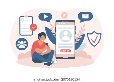 Concept of registration. Man sits and enters personal data into smartphone. Advanced users, online services, authorization. Person registering himself on website. Cartoon flat vector illustration