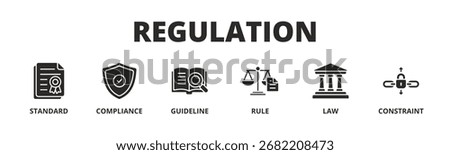 Concept of Regulation banner vector icon in Glyph Style with icon of Standard, Compliance,  Guideline, Rule, Law, and Constraint.
