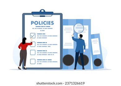 Concept of regulatory compliance rules for office employees to achieve business goals, moral standards and productivity, company policy board list with checklist. flat vector illustration.