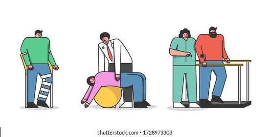 Concept Of Rehabilitation. Kind Cheerful Doctors Help Injured People Get Well Soon. Doctors Help Patients To Do Exercises On Exercise Equipment. Cartoon Linear Outline Flat Style. Vector Illustration