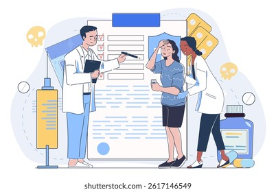 Concept of rehabilitation. Man and woman in medical uniform near syringes and pills. Healthcare and medicine. Team of physiotherapists with patients. Linear vector illustration