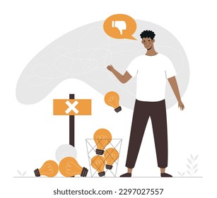 Concept rejected idea. Disgruntled man throws out light bulbs. Brainstorming and trying to find inspiration. Unsuccessful entrepreneur or businessman, worker. Cartoon flat vector illustration
