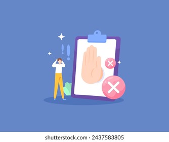 The concept of rejection or disapproval. unverified, invalid, incorrect, or rejected. Get rejected because the task file or report is incorrect. a cross with a clipboard. illustration concept design