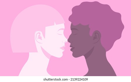 Das Konzept einer Beziehung zwischen zwei Frauen. Internationales lesbisches Paar. Liebe ist Liebe. Pride Month. Flache Vektorgrafik. Küsst Frauen in minimalistischem Stil. Concept Poster