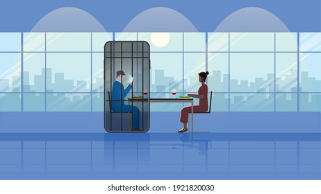 Concept of relationship problem from smartphone addict. One of couple addict social network using application in mobile phone like a prisoner in jail. Romantic dinner dating together in a restaurant.