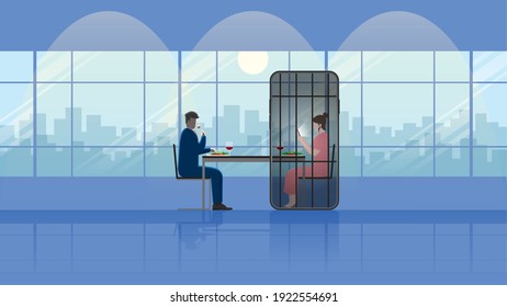 Concept of relationship problem from smartphone addict. One of couple addict social network using application in mobile phone like a prisoner in jail. Romantic dinner dating together in a restaurant.