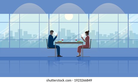 Concepto de problema de relación por adicción a smartphones. Pareja que usa la aplicación de redes sociales en el teléfono móvil en una cena romántica citas en un restaurante. Separe por tecnología mientras permanezca juntos.