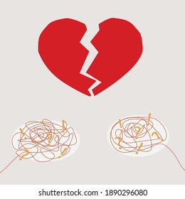 Concept of relationship spat, broken heart and two dialog boxes with confused speech and unresolved issues.