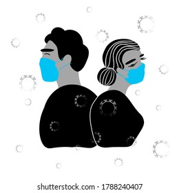 The concept of relationships between couples in love during the covid-19 lockdown. A man and a woman in masks stand with their backs to each other. Support and love in the family. Flat style vector.