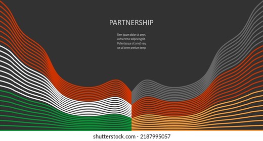 Concepto de relaciones entre Alemania y Hungría. Banderas nacionales onduladas. Concepto de trabajo en equipo.