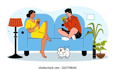 Concept of relationships. Man and woman with fast food sitting on sofa. Rest after work, romantic date. Young couple in comfort at home. Poster or banner for website. Cartoon flat vector illustration
