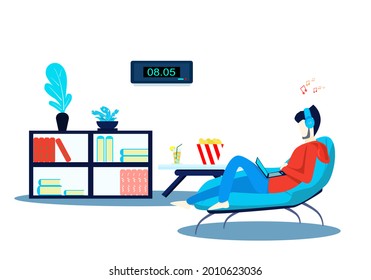 Concept relax, COVID-19, work from home. Happy man sitting on the sofa with a laptop while listening to music on vacation. Vector flat style. Illustration for content happy holidays, rest, quarantine 