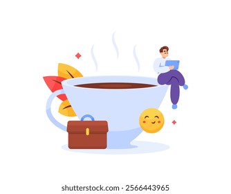 concept of relax and enjoy. drink coffee or tea to improve performance while working. illustration of an employee sitting on a cup of drink while working. flat style design. elements