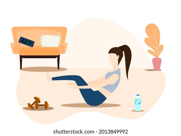 Concept relax, exercise, stay home. A young woman is exercising inside the house during the holidays. Vector flat style. Illustration for content exercise, relaxing, happy, healthy care, quarantine.