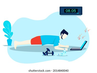 Concept relax, exercise, stay home. Man doing exercises inside the house during the holidays, plank pose. Vector flat style. Illustration for content plank, healthy, COVID-19, quarantine, vacation 