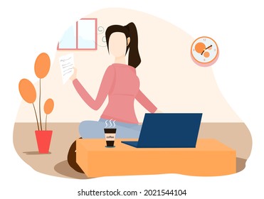 Concept relax, work from home, COVID-19. girl holding a notepad in hand  while sitting in front of the notebook. Vector flat style. Illustration for home office, business, stay home, quarantine, house