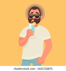 Concept of relaxation and summer vacation. A man in sunglasses is drinking a cocktail. Rest by the sea. Vector illustration in cartoon style