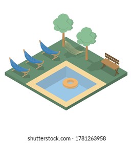 El concepto de relajación alrededor de la piscina con bancos y hamacas. Área de recreo en la naturaleza. El estilo es isométrico. Ilustración aislada del vector.